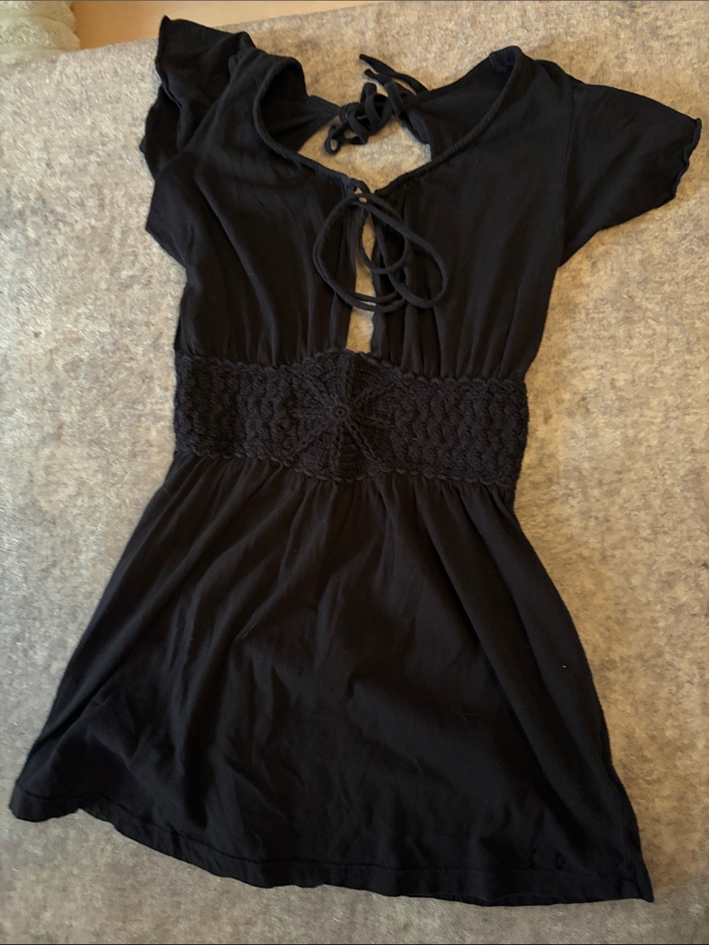 Buffalo David Bitton Black Short Sleeve Crochet-Waist Top